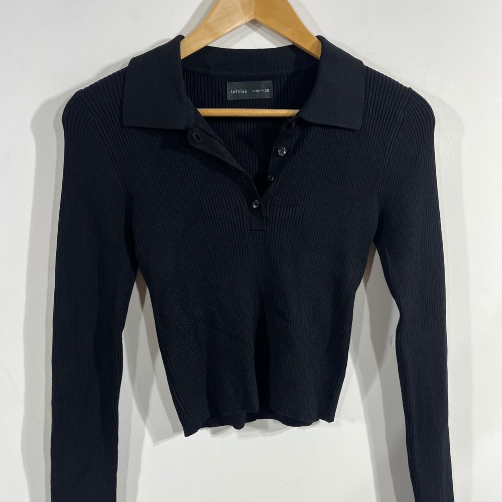 Lefties Preppy Old Money Ribbed Knit Polo Henley Top Womens Medium Minimalist
